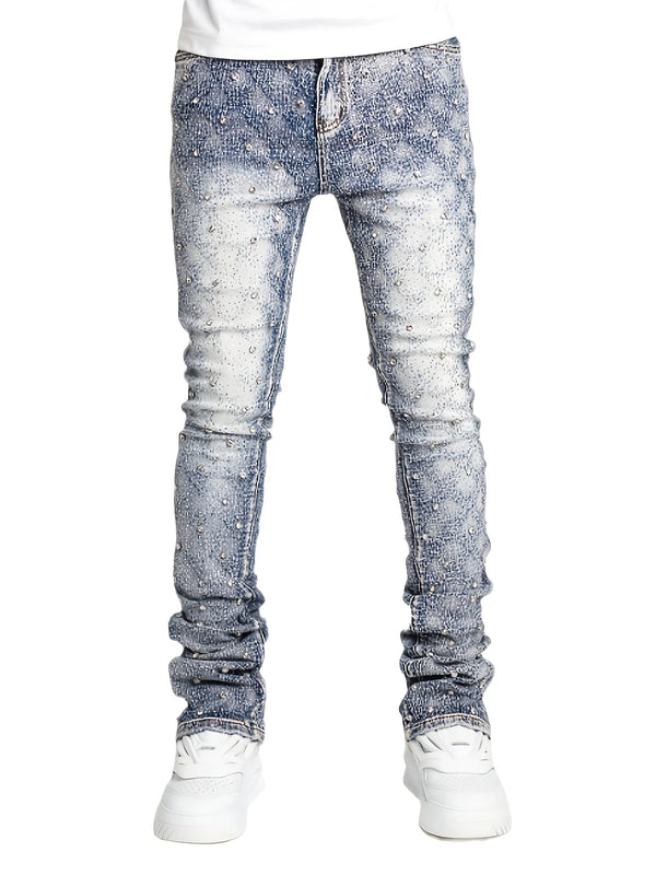 Men Pearl Detail Jeans Straight Leg Stretch Denim Pants Fashion