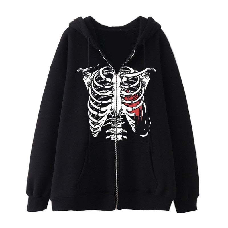 Y2K Dark Skull Skeleton Zip Up Hoodie Men's Jacket