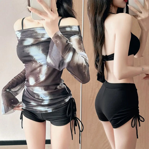 Three Piece Mesh Bikini Set Tummy Control Split Bottom Swimsuit