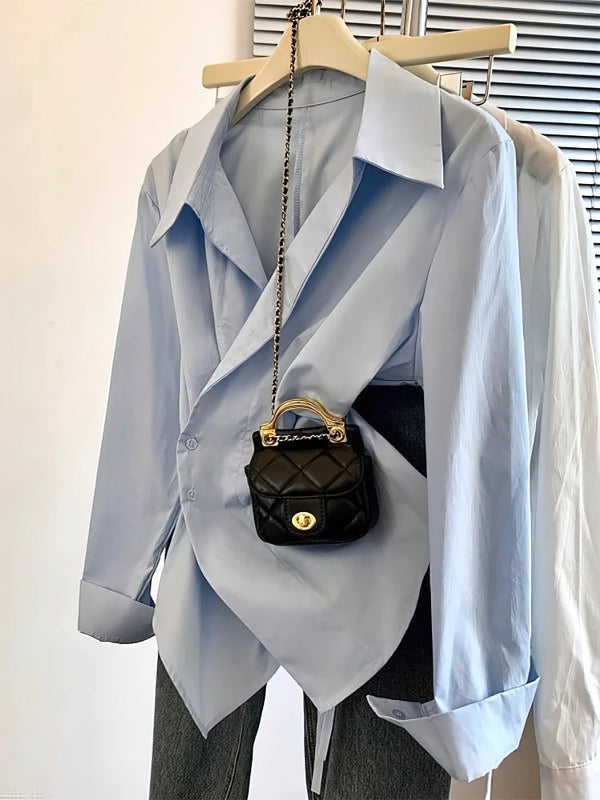 Asymmetric Polo Shirt Women Long Sleeve White Tunic Work Blouse