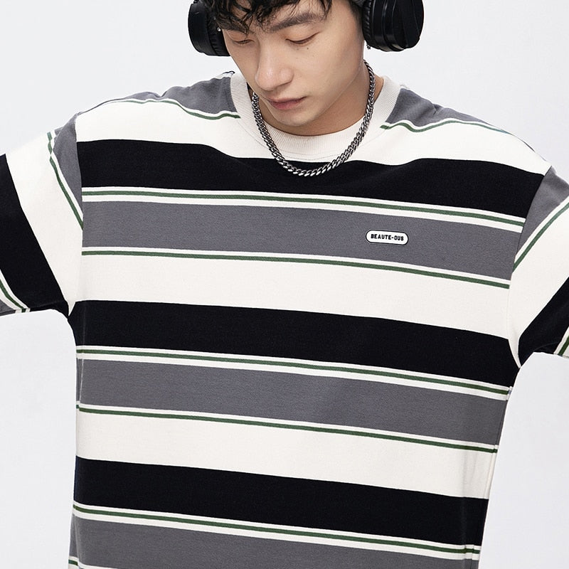 Main Striped Couples T-shirts For Men Loose Contrast