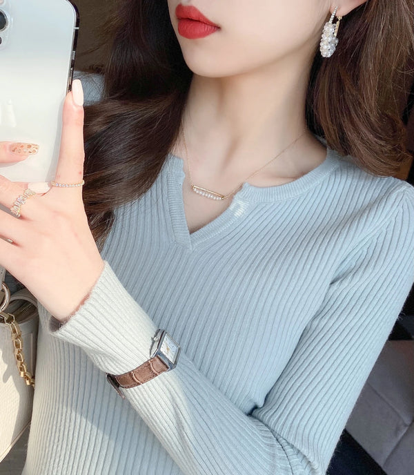V Neck Sweater Women Knit Pullover Fall Winter Solid Color Top