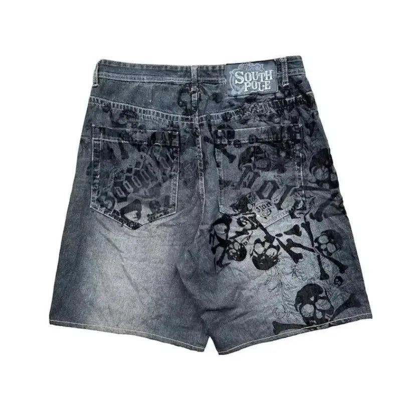 American Hip-Hop Retro Embroidery Denim Shorts Men Y2K Gothic