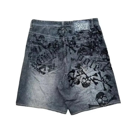 American Hip-Hop Retro Embroidery Denim Shorts Men Y2K Gothic