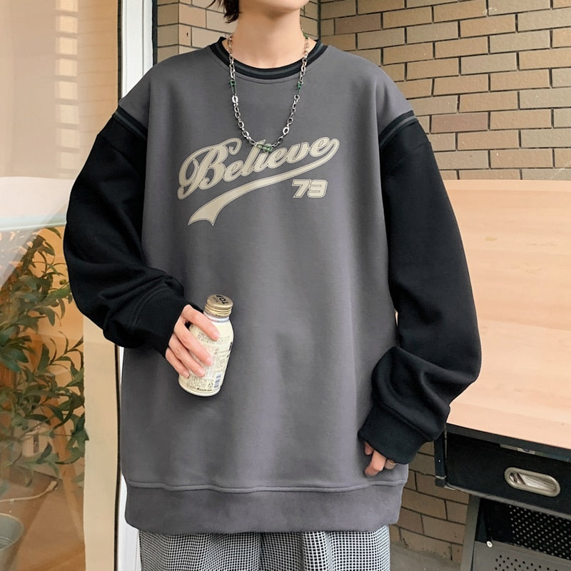 Sweatshirt Patchwork Tren Mode Koreanische Männer Streetwear