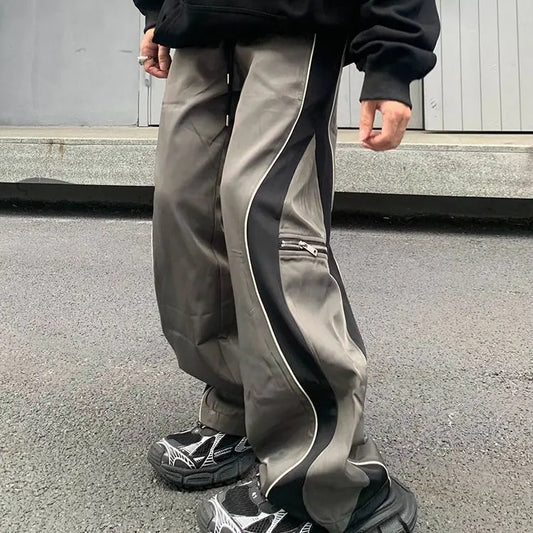 Men's Retro Hip Hop Contrast Pants Straight Leg Functional Trousers
