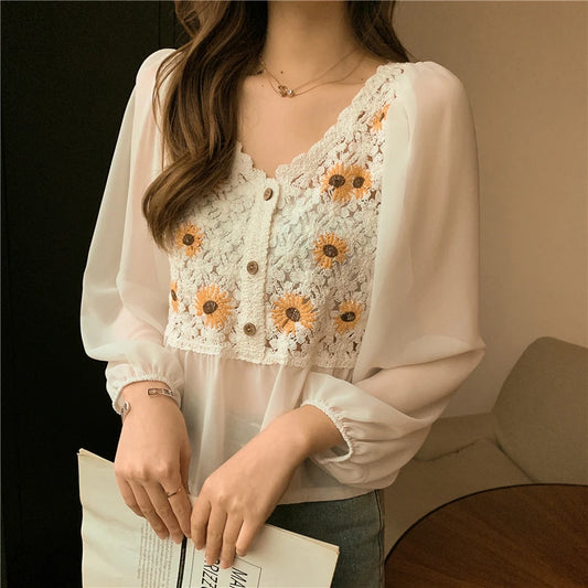 Chiffon Flower Embroidery Daisy Long Sleeve Button Front Fake Two-Piece