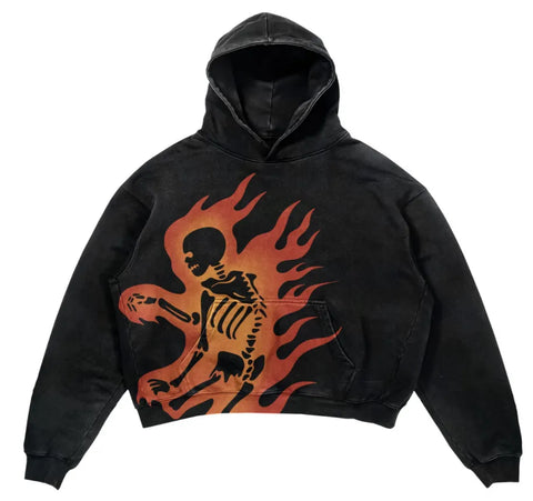 Dark High Street Y2K Flame Skull Hooded Hoodies Unique Harajuku Fashion Streetwear