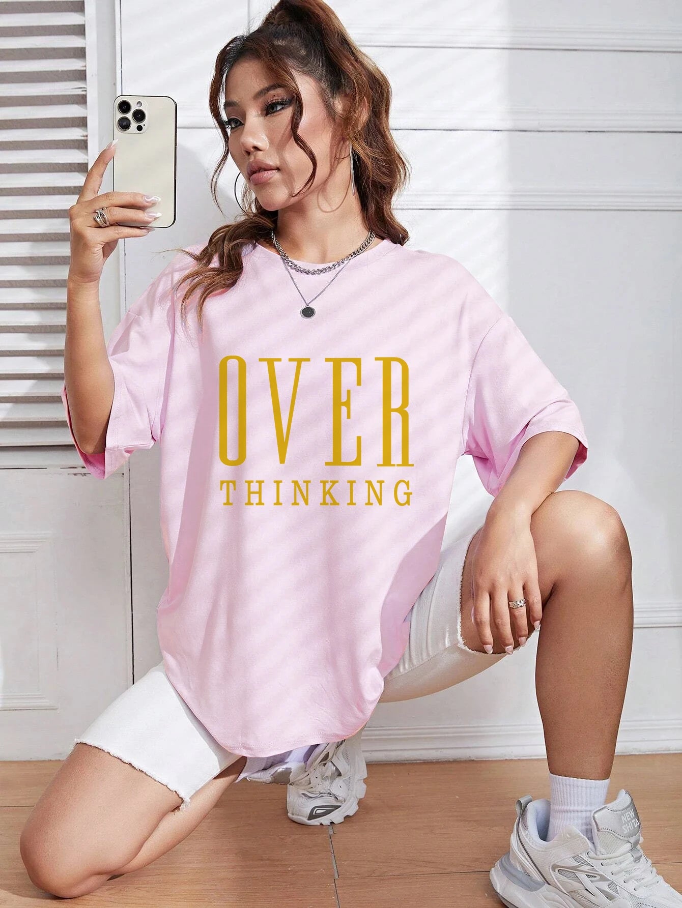 Over Thinking Letter Print Women Cotton Short Sleeve Breathable Vintage O-Neck