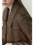 Short Jackets Retro Brown Front Shoulder Leather Coats Full Sleeve Single Breasted Jacke