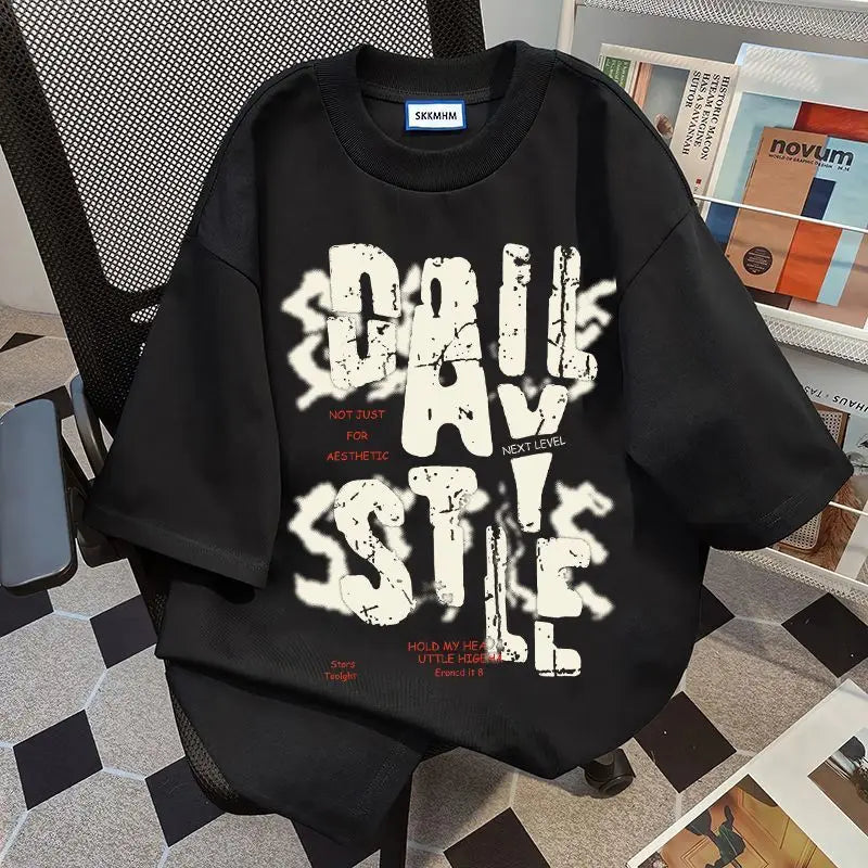 Retro Letter Print T-Shirt Men Hip Hop Loose Casual Streetwear