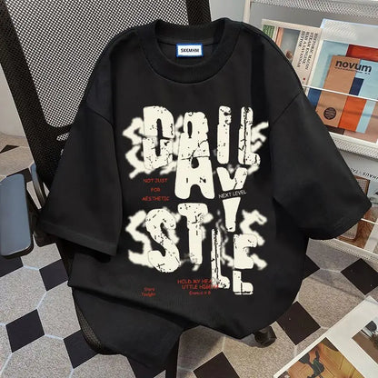 Retro Letter Print T-Shirt Men Hip Hop Loose Casual Streetwear