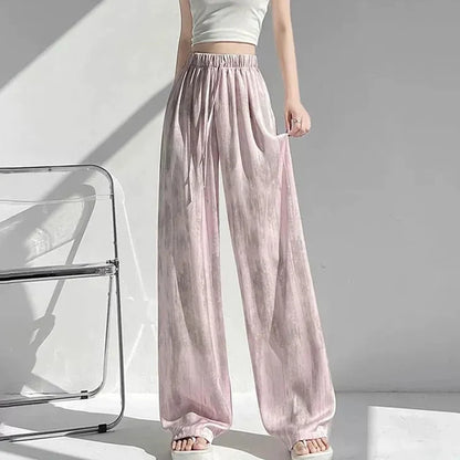 Satin Tie Dye Wideleg Pants Women Drawstring Draped Straight Pants