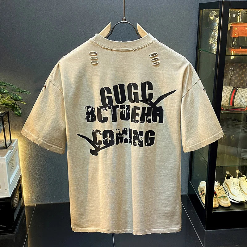 Vintage Distressed Men's T-Shirt Loose Fit American Style Summer