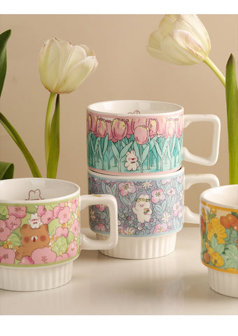Flower Rabbit Ceramic Mug and Coaster Cute Animal Cartoon