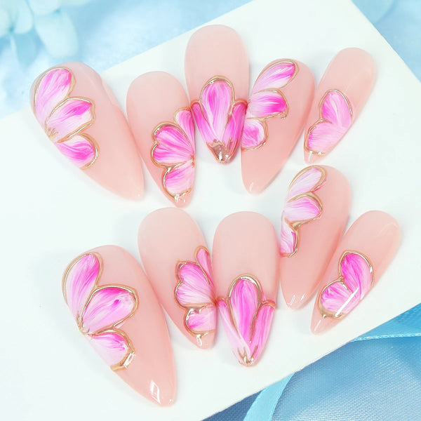 10pcs Gold Metallic 3D Press-On Almond Fake Nails