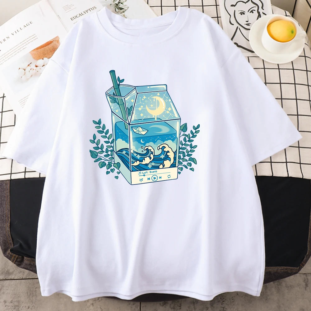 Milk Box Moonlight Waves Prints Man Cotton Clothing Creativity Casual