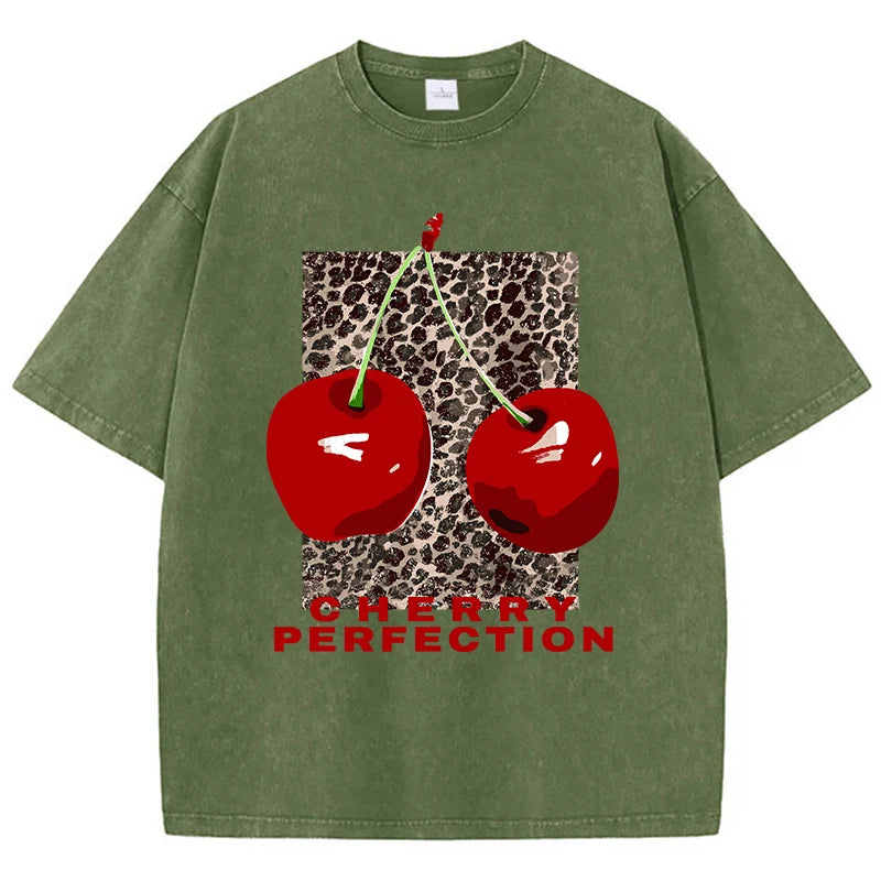 Cherry perfection Washed T Shirt Women Cotton Leopard Prints Oversize