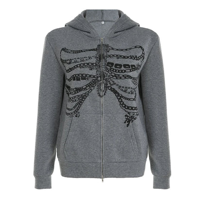 Dark Academia Gothic Skeleton Print Zip Hoodie