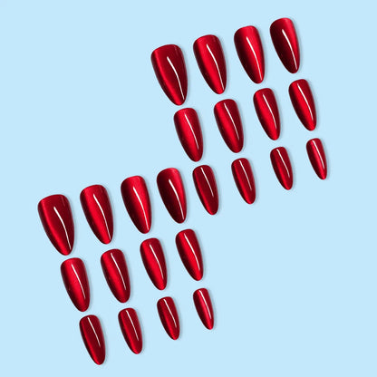 24pcs Glossy Red Cat's Eye Press On Nails Full Cover Wearable Almond