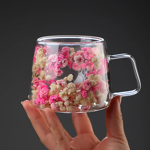 200ML Coffee Cup with Handle Double Wall Dry Flowers
