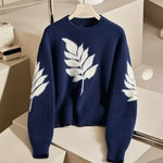 Women Maple Leaf Print Knit Sweater Retro Winter Style