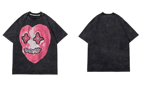 Streetwear Laughs 2023 Herren Hip Hop Washed T-Shirt mit Monster Heart Print