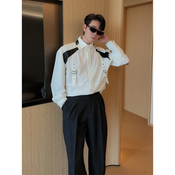 Mens Patchwork Shirt Long Sleeve Unique Design Casual Button Up