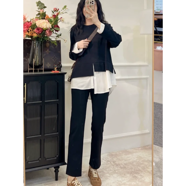 Womens Layered Look Sweatshirt Spliced Design Two Tone Spring Trendy