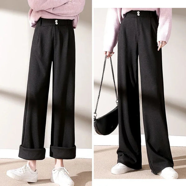 Womens Wool Pants High Waist Straight Leg Thickened Winter Trousers