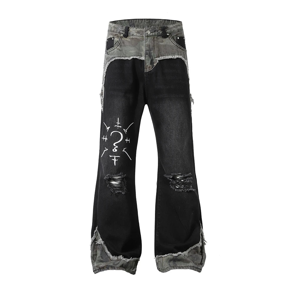 Vintage Patchwork Bootcut Men Jeans Streetwear Essential