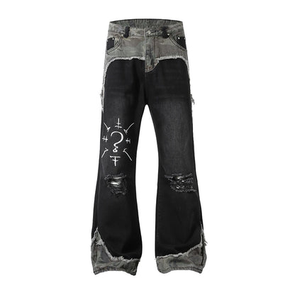 Vintage Patchwork Bootcut Men Jeans Streetwear Essential