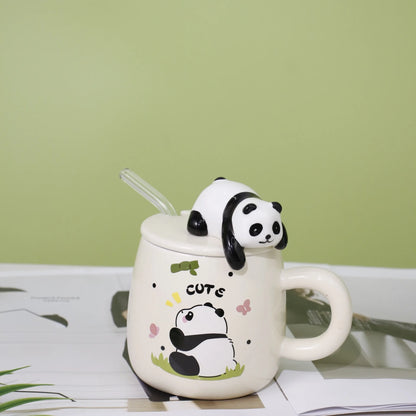 Nette cartoon panda Keramik Becher 400ml Mit Deckel und Löffel Kaffee tassen Milch