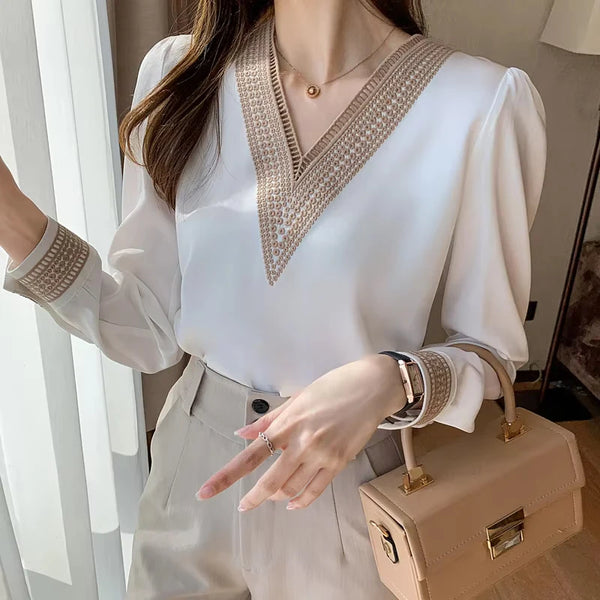 Womens White Chiffon Blouse V Neck Long Sleeve Work Casual Top