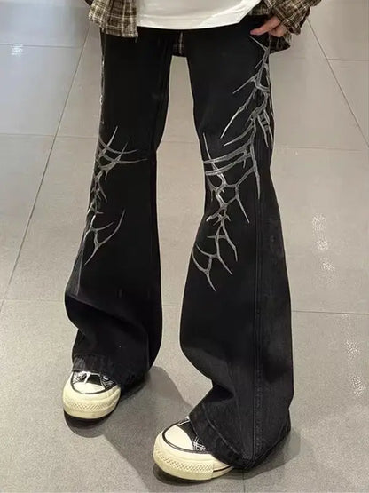 Dark Aesthetic Wide Leg Jeans Lightning Print Streetwear Denim