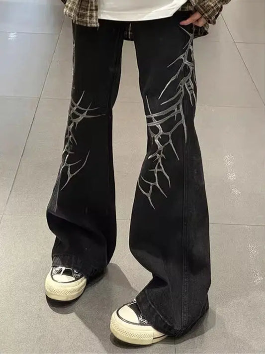 Dark Aesthetic Wide Leg Jeans Lightning Print Streetwear Denim