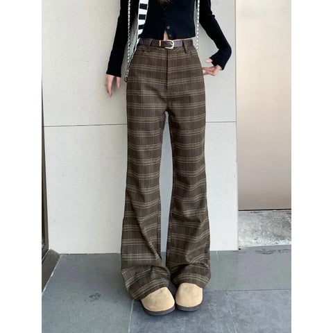 Vintage Plaid Flared Pants Elegant Office Outfits Women