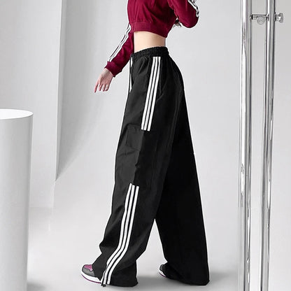 Gestreifte Cargohose Jogginghose Damen Hip Hop Streetwear Weites Bein Y2K Hohe Taille