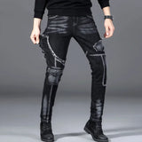 Patchwork Schwarze Stretch Hip Hop Motorrad Jeans