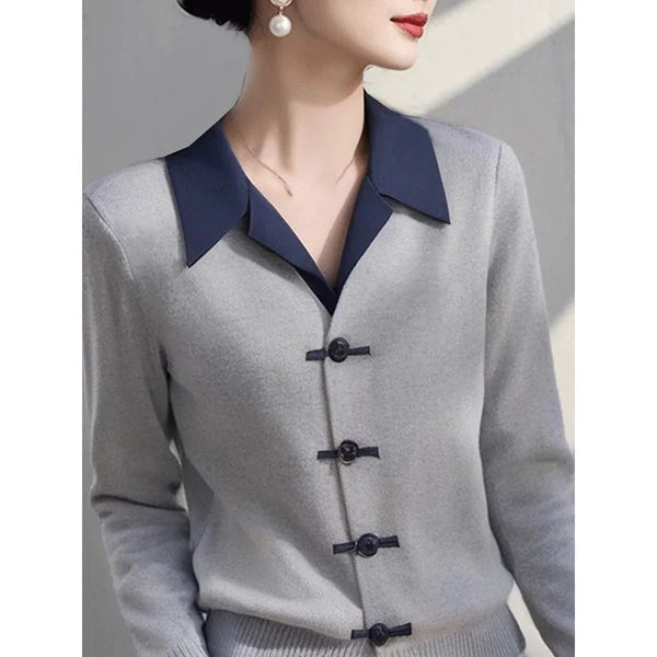 Womens Collared Cardigan Sweater Jacket Colorblock Knit Fall Coat