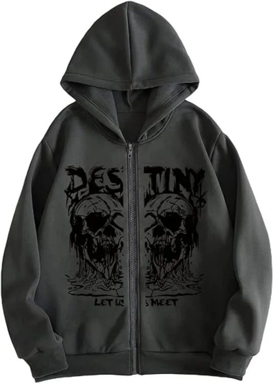 Y2K Retro Skull Print Hoodie Street Hip Hop Sweatshirt Harajuku Casual Loose