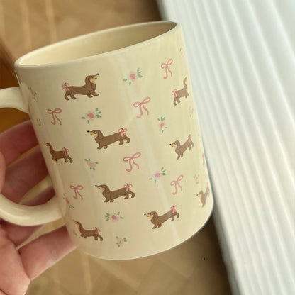 340ml Korean Style Cute Dachshund Pattern Ceramic Mug With Handle