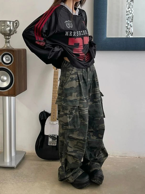 Y2K Camouflage Wide Leg Jeans with Pockets for Women