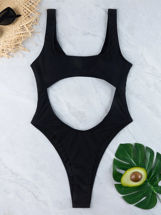 Women's Cut-Out One-Piece Swimsuit: Ribbed High Leg