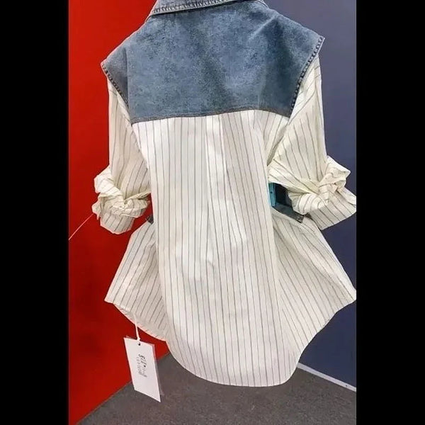 Striped Denim Jacket Women Korean Layered Look Shirt Spring Top