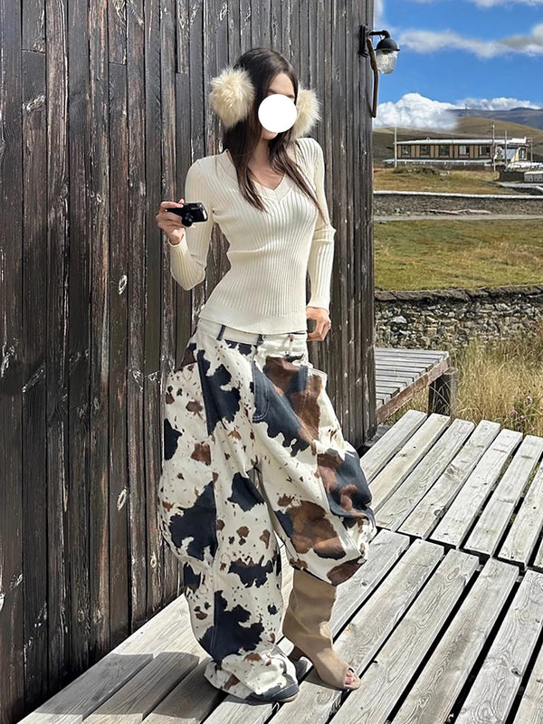 Cow Print Barrel Jeans Women Fleece Lined Wide Leg Low Rise Pants