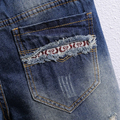 2024 Summer Jeans Men's Flip Denim Shorts Worn Hole Patch Vintage