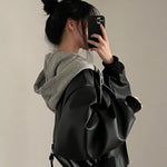 Korean Style Hooded Jacket Faux Leather Women Jacket