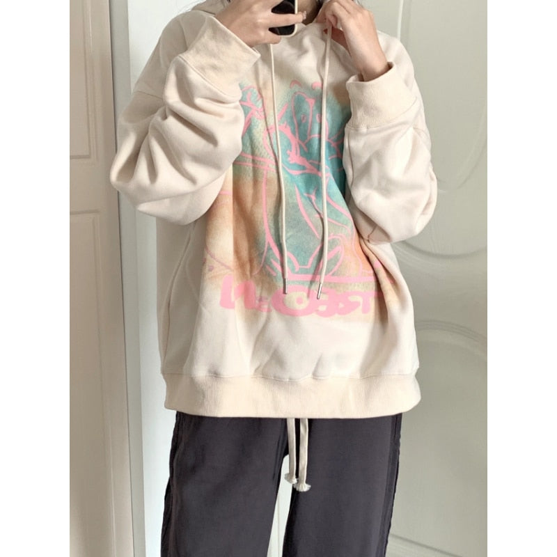 Harajuku Beige Farbe Frauen Hoodie Mode Cartoon Oversize Casual