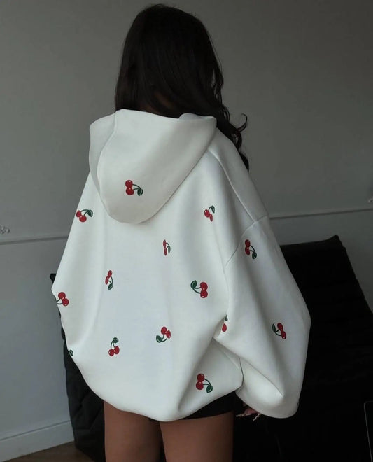 Cherry Print Zip-Up Hoodie Women Harajuku Autumn